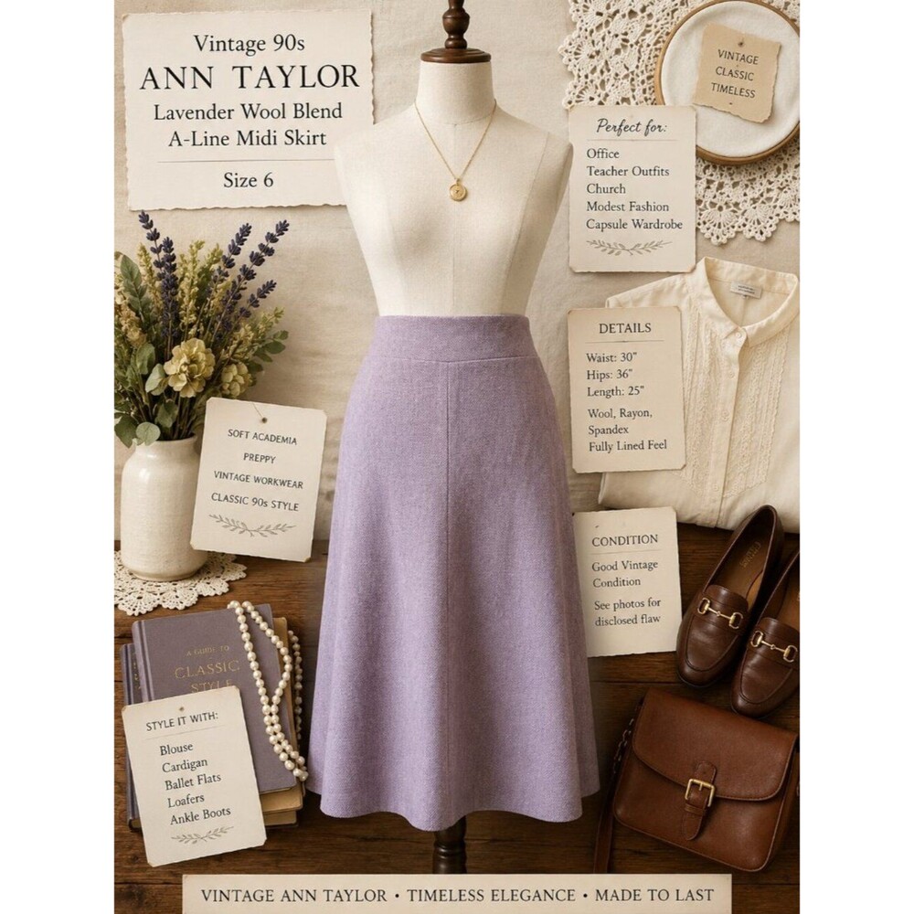 Vintage Ann Taylor Lavender Wool Blend Midi Skirt Size 6 90s Preppy A-Line